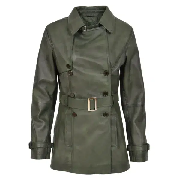 Front view of Women's Leather Double Breasted Trench Coat Sienna Green with belt on