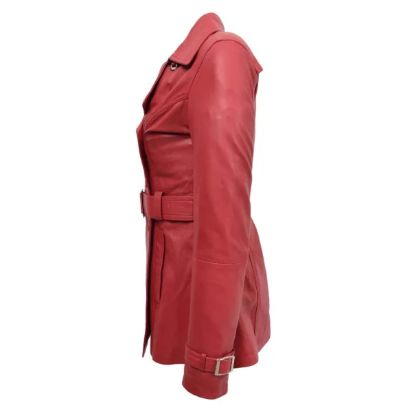 Angled view of Women's Leather Double Breasted Trench Coat Sienna Red