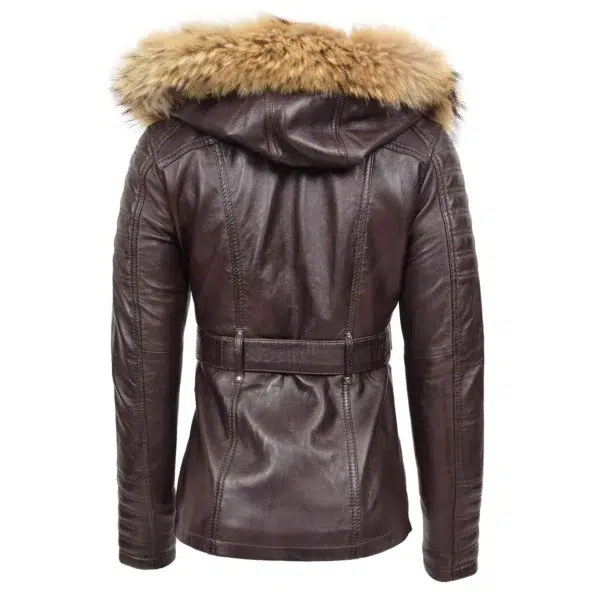 Back view of Women's Original Duffle Style Leather Coat Brown