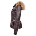 Angled view of Women's Original Duffle Style Leather Coat Brown