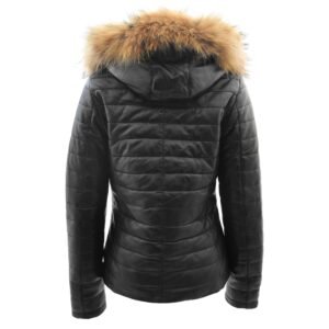 Back view of Women's Leather Puffer Coat Detachable Hooded Lucy Black