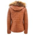 Back view of Women's Leather Puffer Coat Detachable Hooded Lucy Tan