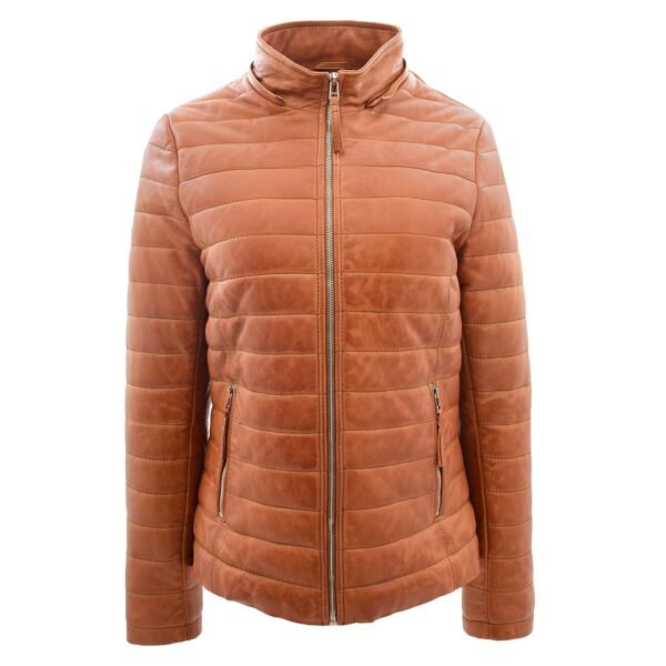 Front view of Women's Leather Puffer Coat Detachable Hooded Lucy Tan