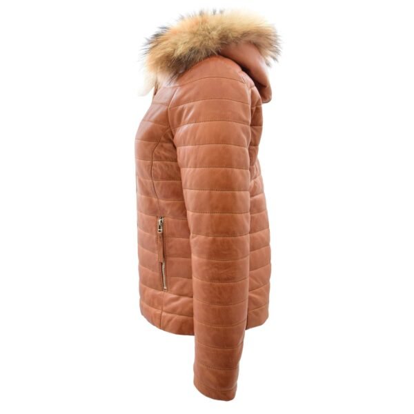 Angled view of Women's Leather Puffer Coat Detachable Hooded Lucy Tan