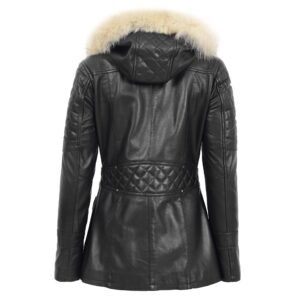 Back view of Women's Original Duffle Style Leather Coat Ariel Black