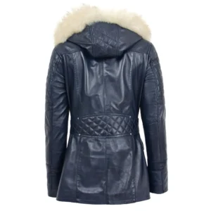 Back view Women's Original Duffle Style Leather Coat Ariel Blue