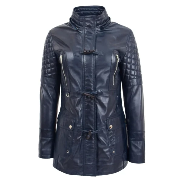 Front view Women's Original Duffle Style Leather Coat Ariel Blue