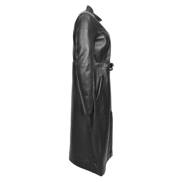 Angled view of Women's Real Full Length Leather Long Coat Leila Black