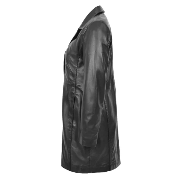 Angled view of Women's Classic F99 Style 3/4 Length Leather Coat Black