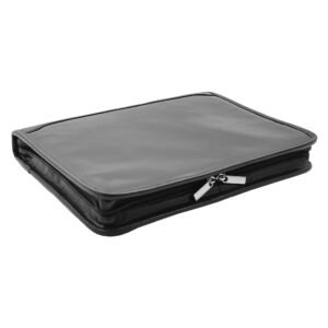 Black leather zippered portfolio case with a sleek and smooth finish, designed for storing documents or a tablet securely with white background