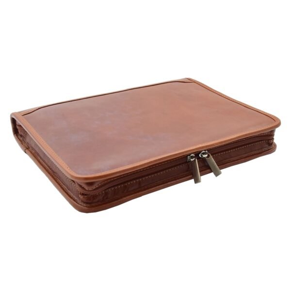 Brown leather zippered portfolio case with a sleek and smooth finish, designed for storing documents or a tablet securely