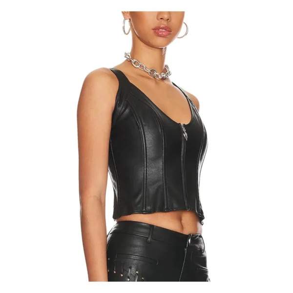 Front view of a model wearing a Black Corseted Crisscross Back Women Leather Top