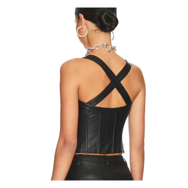 Back view of a model wearing a Black Corseted Crisscross Back Women Leather Top