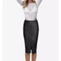 Front view of a model wearing a Black High-Waist Real Leather Pencil Skirt for Women