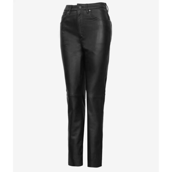 Angled view of High Waist Straight-Leg Women’s Leather Trousers in Black