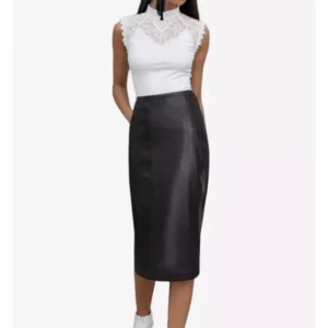 Front view of a model wearing a Black Midi Leather Skirt for Women with Polyester Lining