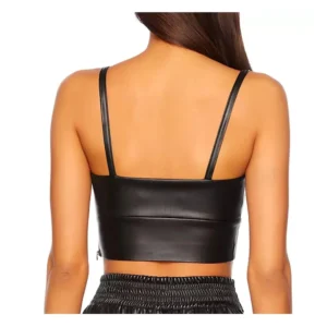 Back view of a model wearing a Classy Black Deep V Neckline Women Leather Top