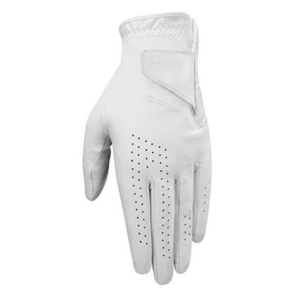 White leather glove with perforations along the fingers for ventilation, featuring a secure wrist strap and a sleek, ergonomic design for comfort and flexibility