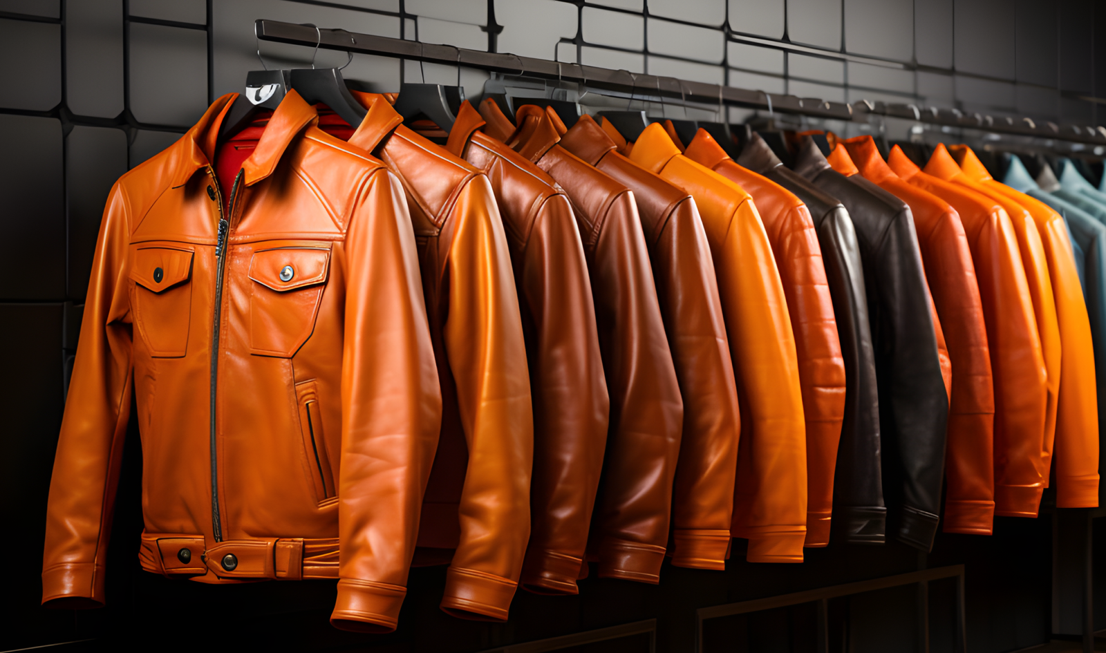 A row of stylish leather jackets in various shades of brown and orange hanging neatly on a clothing rack in a modern store setting