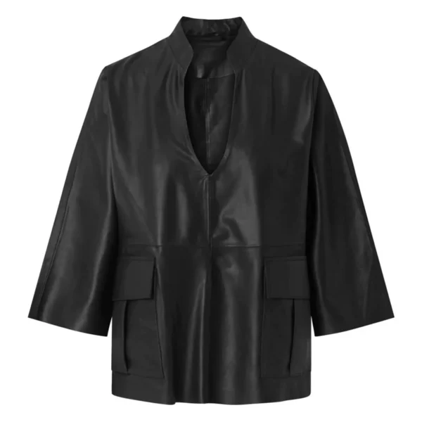 Front view of Kyle DEP Women’s Nero Leather Top Black New