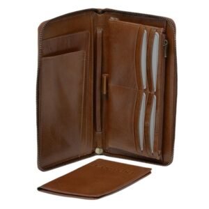 Open brown leather travel wallet with a zip-around closure, featuring multiple card slots, a pen holder, and compartments for documents and currency