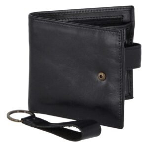 Black leather wallet with a snap button closure and an attached leather keychain strap, offering a classic and functional accessory design