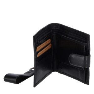 Black leather wallet with a snap button closure and an attached leather keychain strap, offering a classic and functional accessory design pockets view