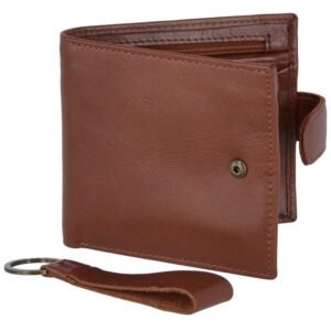 Tan leather wallet with a snap button closure and an leather keychain strap on the side, offering a classic and functional accessory design