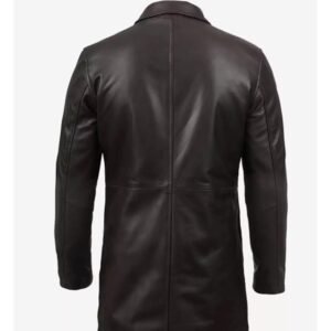 Back view of a dark brown leather coat with a classic button-up closure, a pointed collar, and a tailored design that emphasizes a refined and timeless look