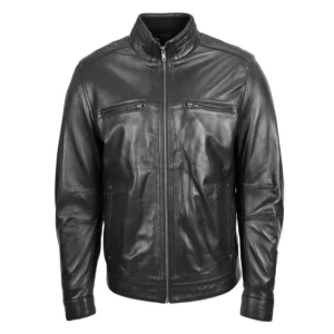 Men’s Standing Collar Leather Black Jacket front view