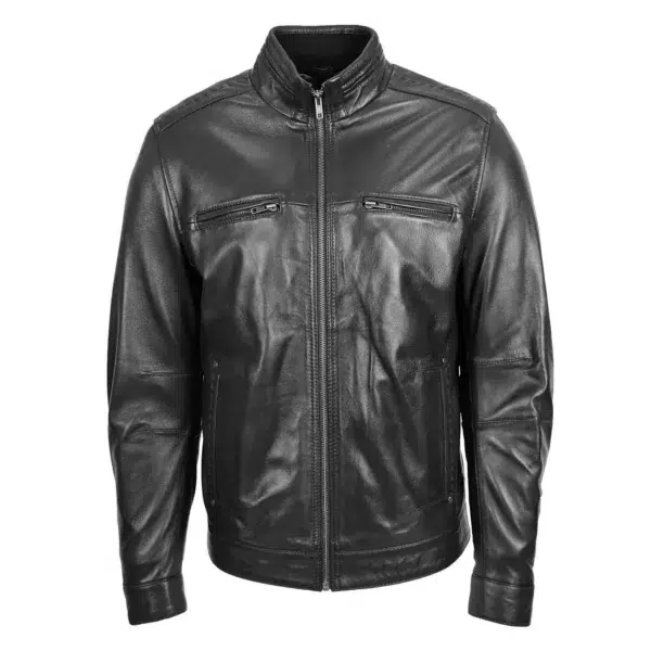 Men’s Standing Collar Leather Black Jacket front view