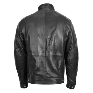 Men’s Standing Collar Leather Black Jacket rear view