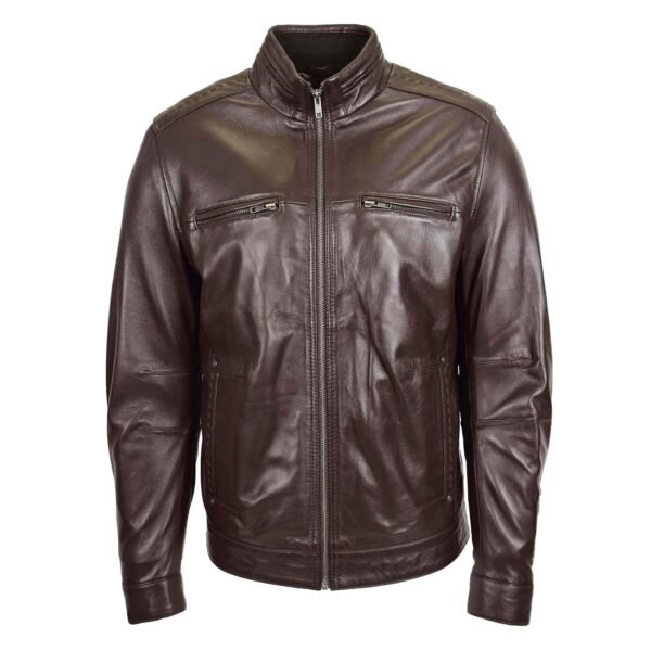 Men’s Standing Collar Leather Jacket Brown front view