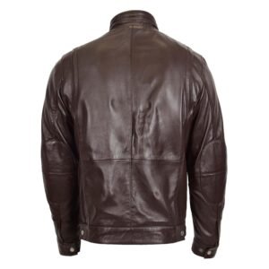 Men’s Standing Collar Leather Jacket Brown rear view