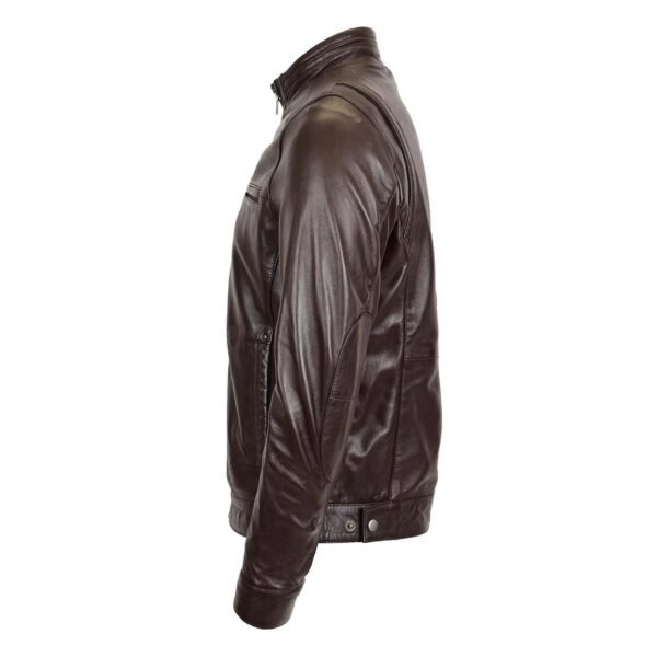 Men’s Standing Collar Leather Jacket Brown lateral side