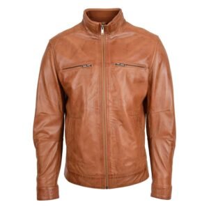 Men’s Standing Collar Leather Jacket Tan front view