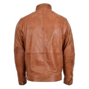 Men’s Standing Collar Leather Jacket Tan rear view