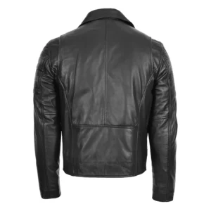 Men's Biker Leather Jacket Dual Zip Hook Black rear side