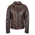 Men's Biker Leather Jacket Dual Zip Hook Brown Vintage front view with zip closed all the way