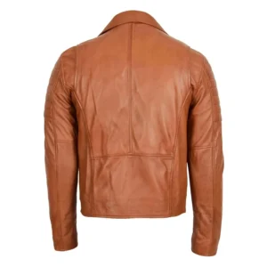 Men's Biker Leather Jacket Dual Zip Hook Tan rear view