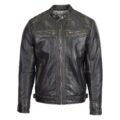 Men's Biker Leather Jacket Standing Collar Bowie Rub Off front side