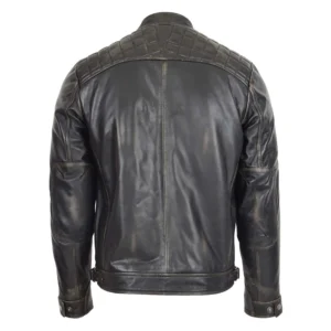 Men's Biker Leather Jacket Standing Collar Bowie Rub Off back side