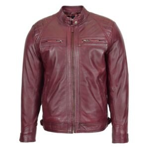 Mens Biker Leather Jacket Standing Collar Burgundy