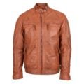 Men's Biker Leather Jacket Standing Collar Cognac Tan front side