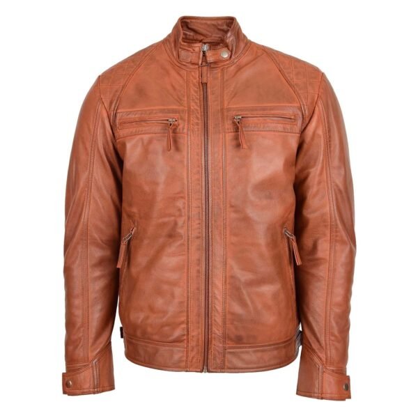 Men's Biker Leather Jacket Standing Collar Cognac Tan front side