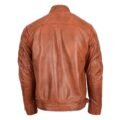 Men's Biker Leather Jacket Standing Collar Cognac Tan rear side