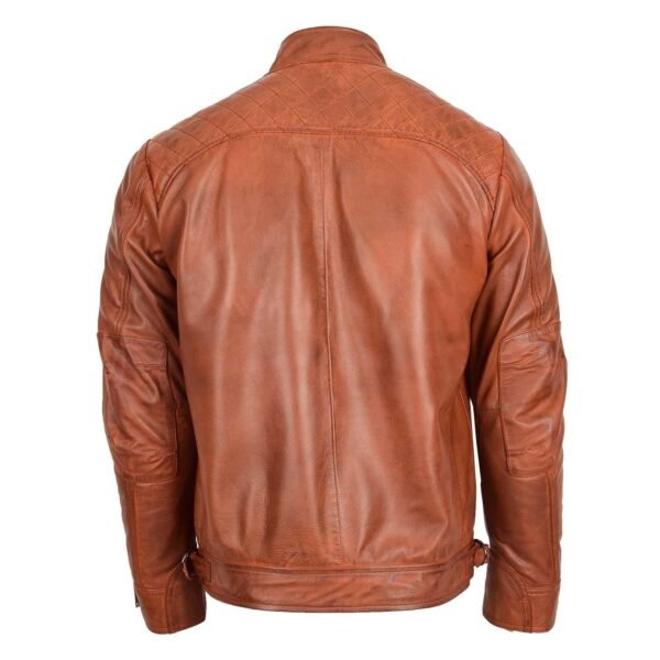 Men's Biker Leather Jacket Standing Collar Cognac Tan rear side