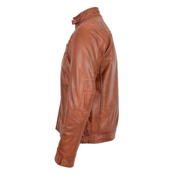 Men's Biker Leather Jacket Standing Collar Cognac Tan lateral side