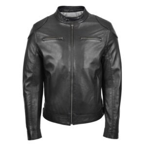 Men's Biker Soft Casual Leather Jacket Black front view