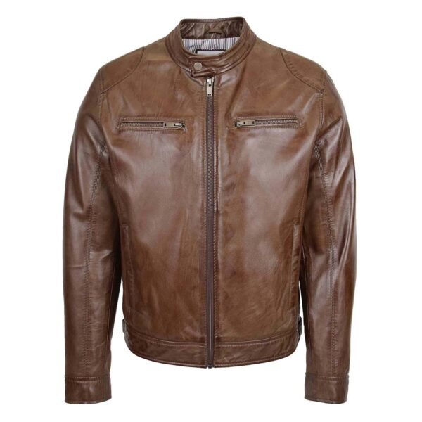 Men's Biker Soft Casual Leather Jacket Brown front view